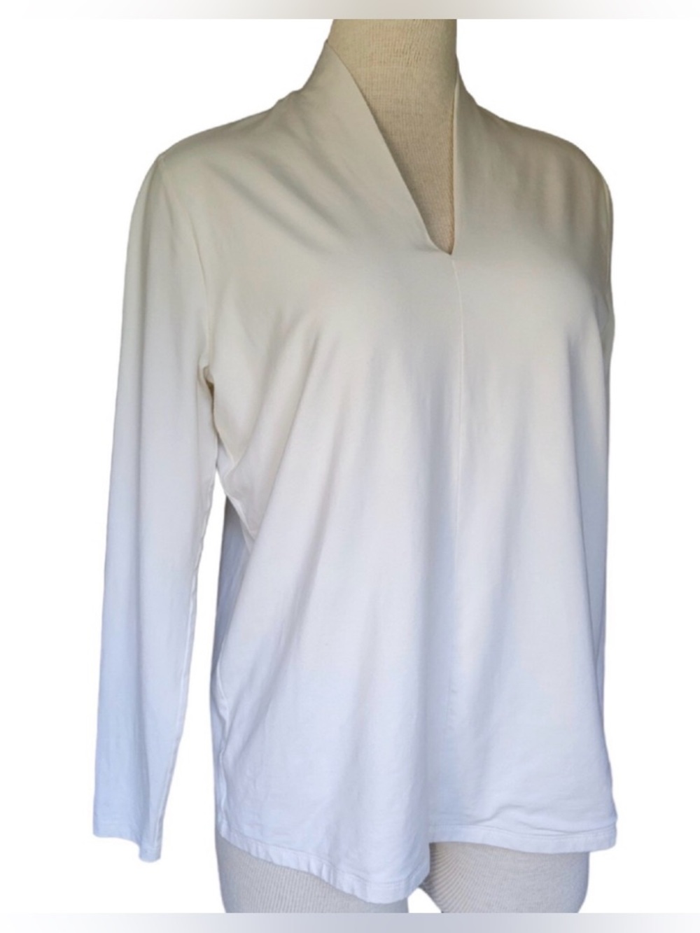 Talbots White Long Sleeve Blouse Minimalist V Neck Soft Stretch Top